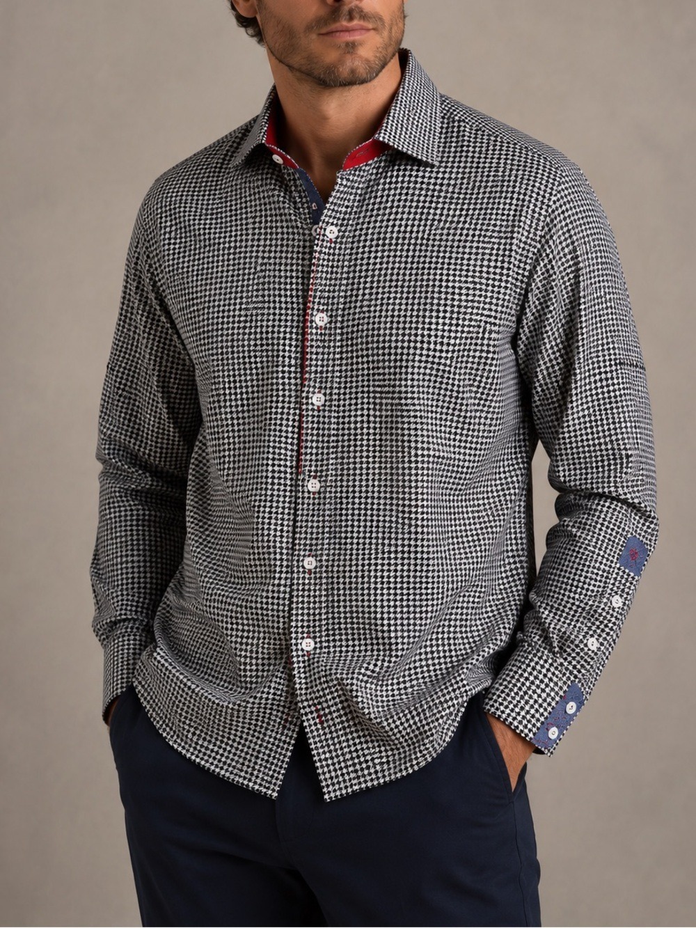 New Robert Graham X Collection Puckle Navy Houndstooth Flip Cuff Shirt medium